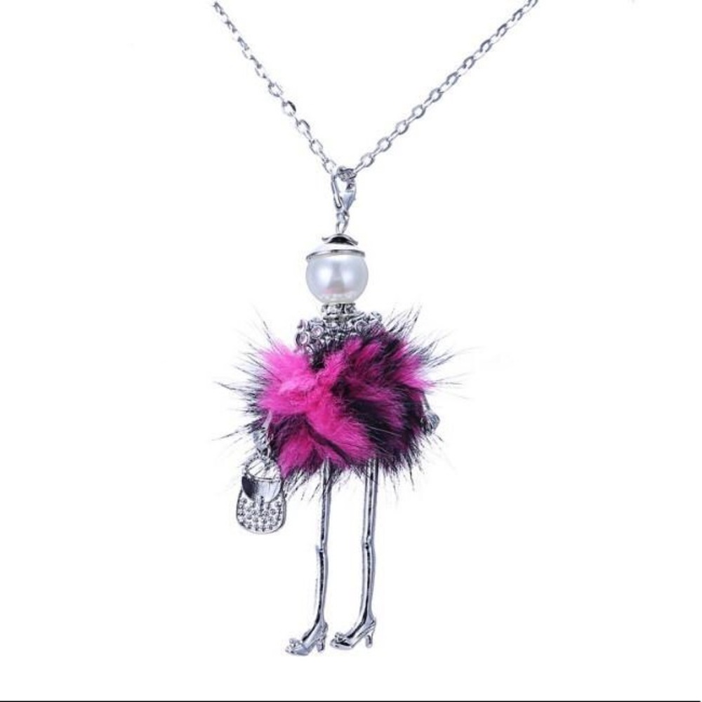 Handmade fur dress French doll pendant necklace